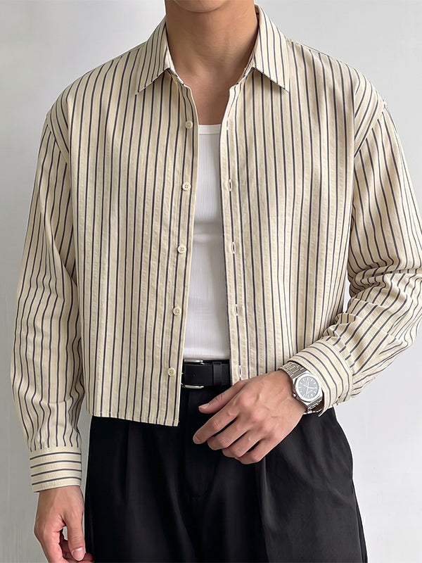 Men's Korean Minimalist Striped Boxy Cropped Dropped Shoulder Long Sleeve Shirt SKUL76406