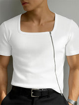 Mens Solid Color Knit Zipper Short Sleeve T-Shirt SKUL15396