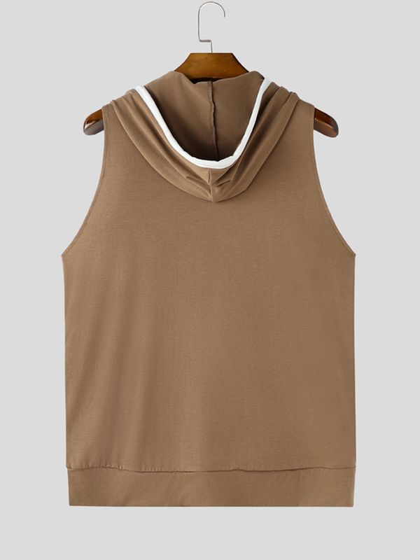 Men's Athletic Gym Half Zip Drawstring Hood Muscle Fit Sleeveless Hooded Collar Tank SKUL73201