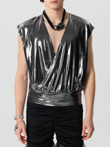 Mens Solid Glitter V-Neck Sleeveless T-Shirt SKUK56357