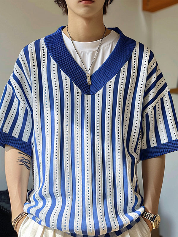 Mens Striped Print V-Neck Half Sleeve T-Shirt SKUK69243