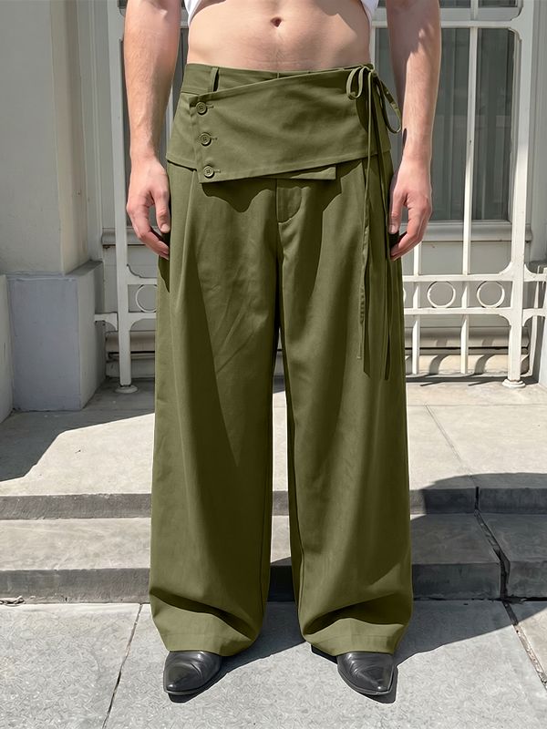 Men's Avant-Garde Asymmetrical Fold-Over Button Tie Waist Wide Leg Pant SKUL71412