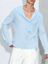 Men's Solid Color Textured Navy Collar Long Sleeve T-shirt SKUL51995