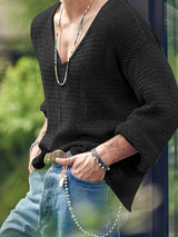 Mens Solid Long Sleeve V-neck T-shirt SKUJ90760