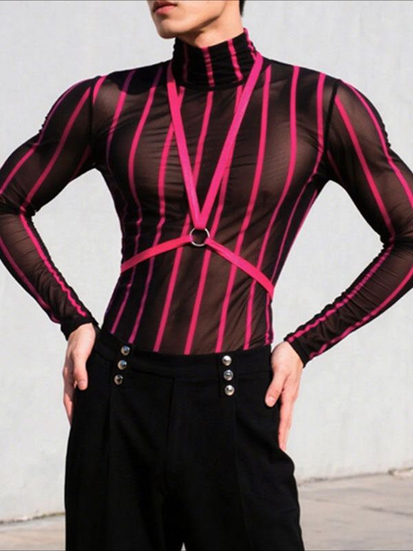 Men's Striped Patchwork Sheer Long Sleeve T-Shirt SKUL23956