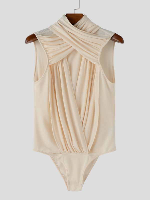 Men's Avant-Garde Cross Neck Crinkled Ruched Sheer Mesh Patchwork Tight Bodysuit SKUL61880