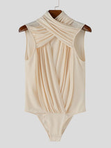 Men's Avant-Garde Cross Neck Crinkled Ruched Sheer Mesh Patchwork Tight Bodysuit SKUL61880