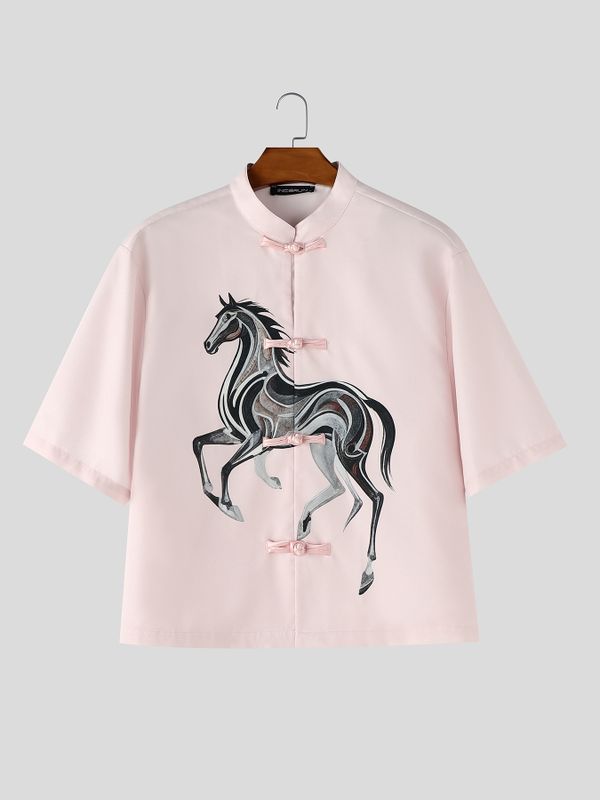 Men's New Chinese Style Horse Graphic Frog Button Cropped Shirt SKUL61179
