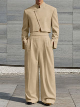 Men's Avant-Garde Deconstructed Stage Runway Asymmetric Slanted Button Cropped Two Pieces Outfit SKUL85939