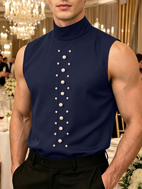 Men's Elegant Avant-Garde Pearl Embellished Mock Neck Sleeveless Tank SKUL63075