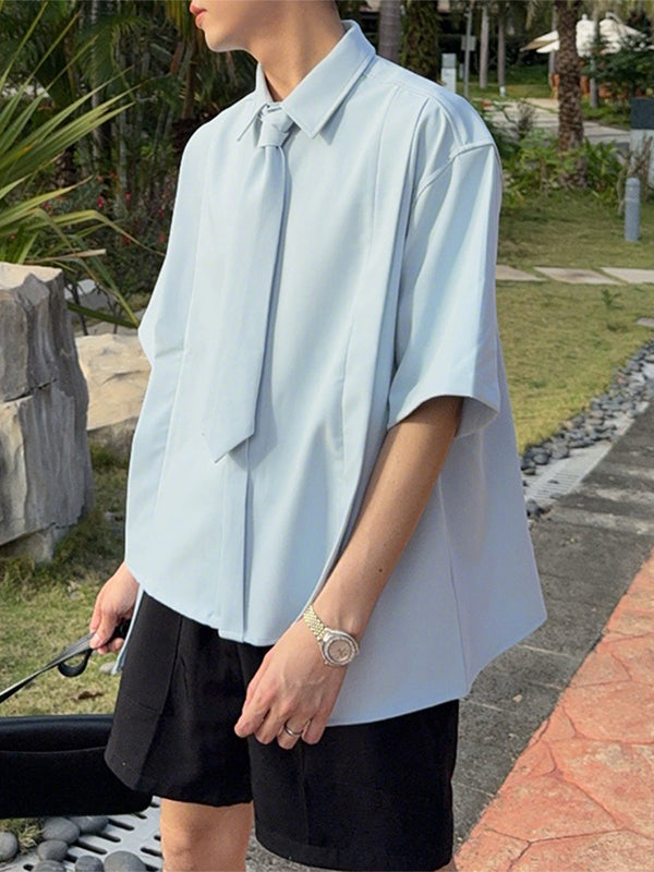 Mens Asymmetrical Hem Tie Short Sleeve Shirt SKUL11380
