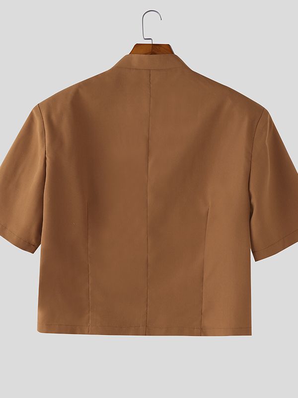 Men's Solid Color Stand Collar Cropped Short Sleeve Blazer SKUL50074