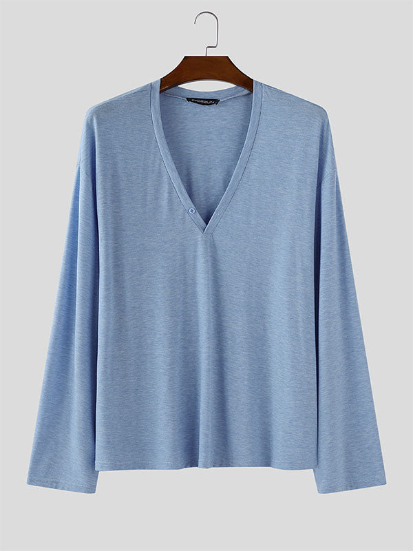 Men's Solid Color V-Neck Long Sleeve T-Shirt SKUL27246