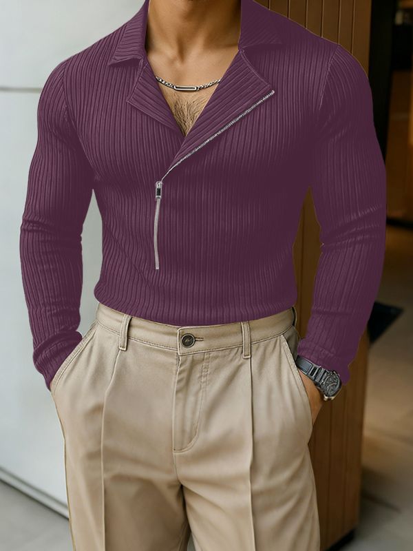 Men's Solid Texture Zipper Long Sleeve Shirt SKUL33885