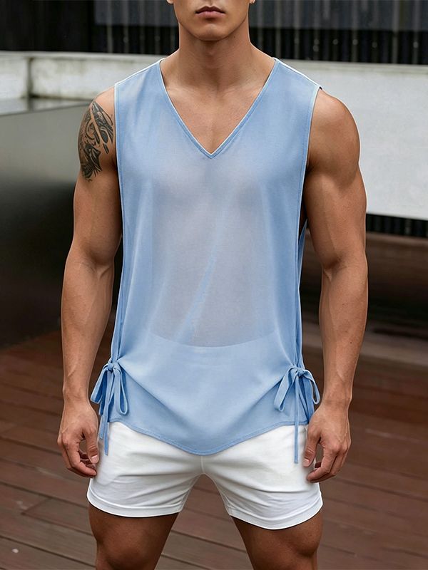 Men's Sheer Chiffon Deep Side Split Tie Hem V-Neck Tank SKUL63642