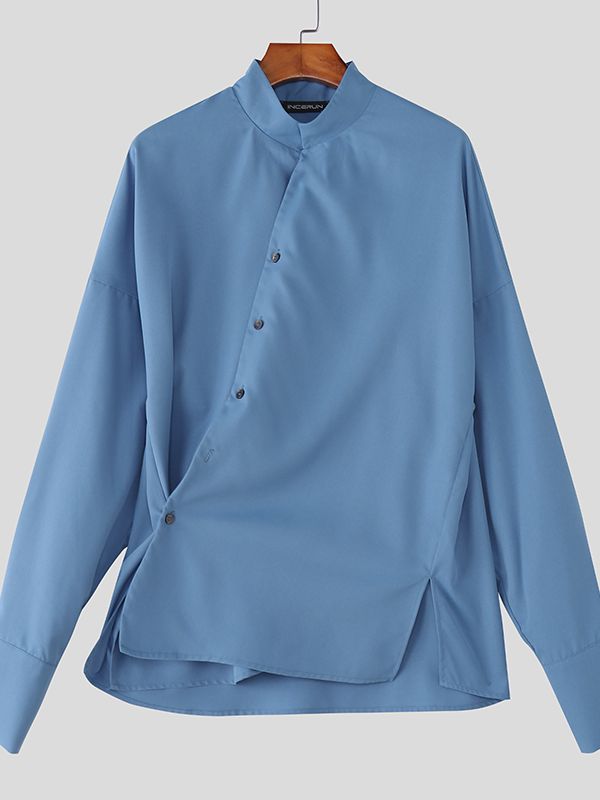 Men's Asymmetrical Waist Stand Collar Long Sleeve Shirt SKUL35137