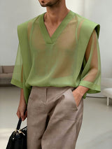 Men's Unisex Avant-Garde Architectural Sheer Organza V-Neck Strong-Shoulder T-shirt SKUL60205