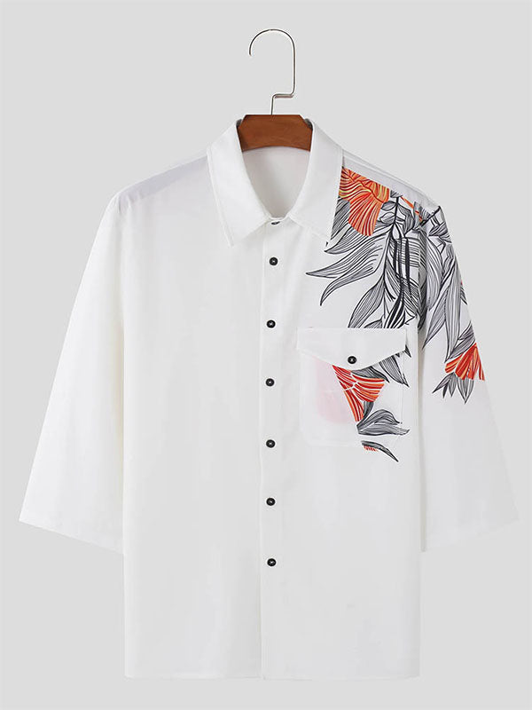 Mens Color-Block Leaf Print Short Sleeve Shirt SKUK65083