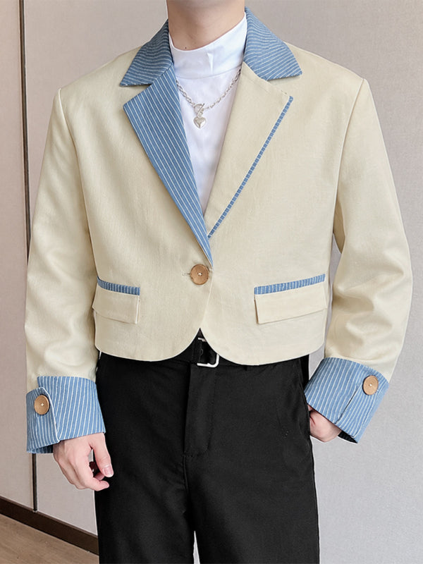 [Pre-order] Men's Retro Preppy Art Exhibition Contrast Striped Lapel Foldover Cuff Cropped Blazer SKUL89034
