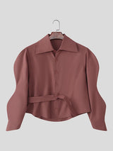 Men's Solid Color Cinched Waist Large Collar Wide Sleeve Shirt SKUL42663