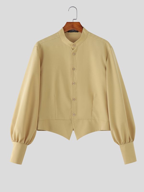 Men's Solid Color Stand Collar Cropped Long Sleeve Shirt SKUL54007