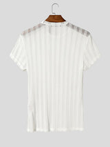 Men's Avant-Garde Translucent Vertical Stripe Glitter Mesh Fitted Short Sleeve T-shirt SKUL72711