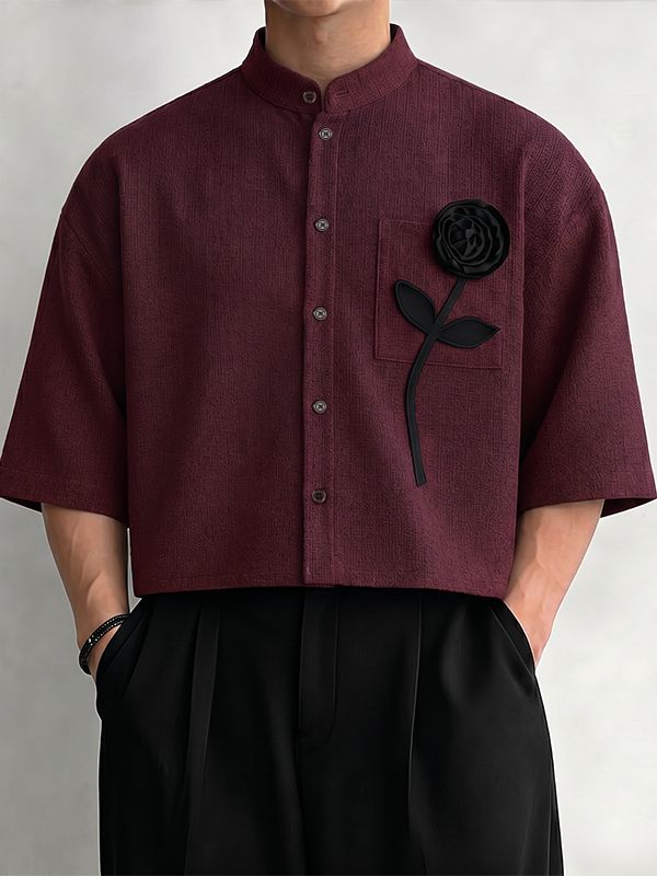Men's Vintage Modern Chinese Mandarin Collar 3D Applique Rose Cropped Short Sleeve Shirt SKUL73660