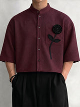 Men's Vintage Modern Chinese Mandarin Collar 3D Applique Rose Cropped Short Sleeve Shirt SKUL73660