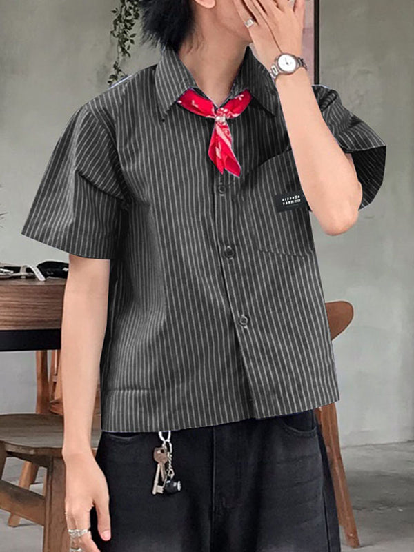 Mens Simple Striped Short Cropped Short Sleeve Shirt SKUL02352