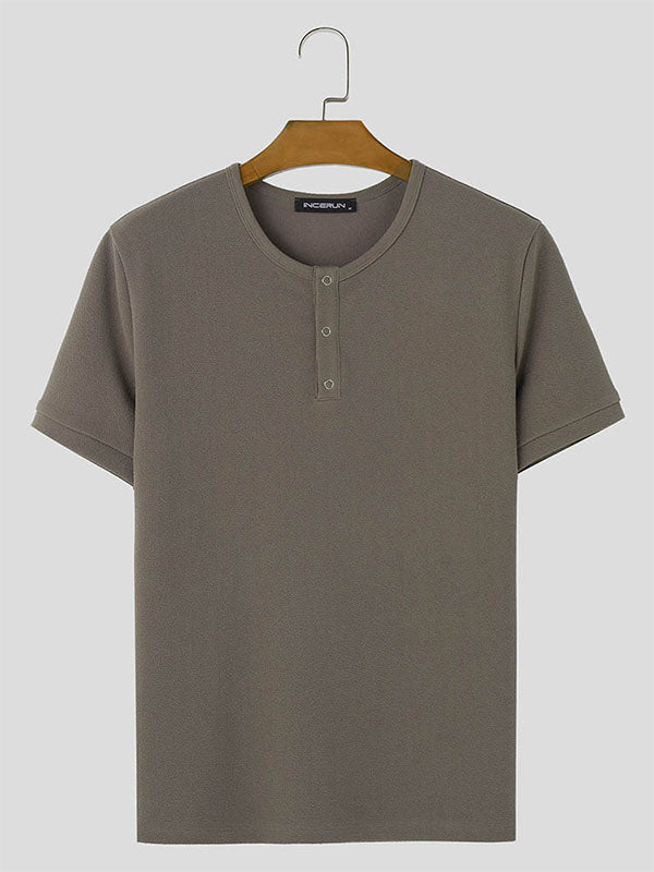 Mens Textured Half-Placket Short Sleeve T-Shirt SKUK67489