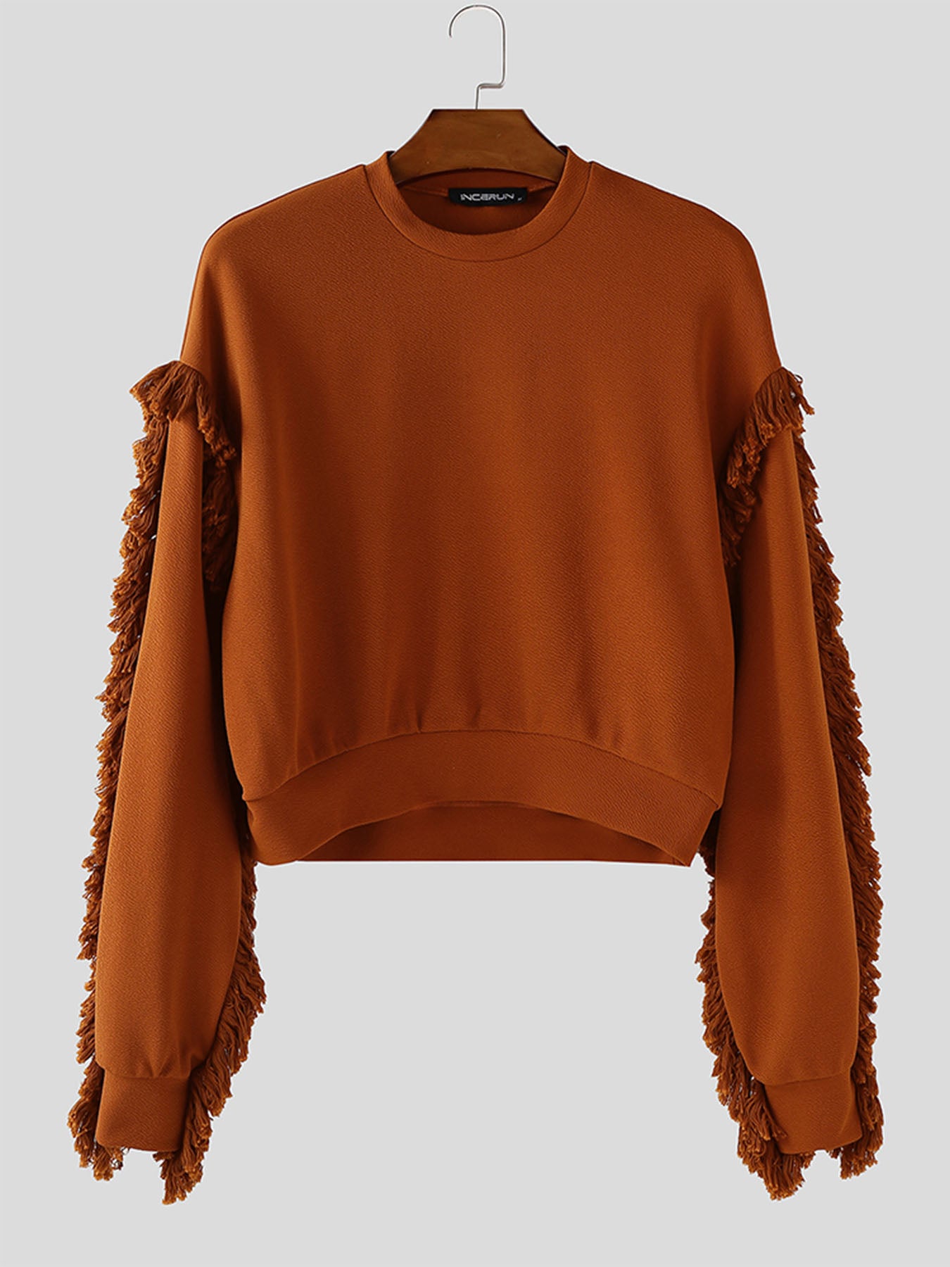 Men's Tassel Patchwork Cropped Long Sleeve Sweatshirt SKUL27424