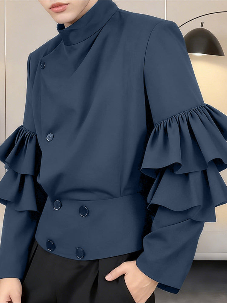 Men's Solid Drape Ruffled Patchwork Long Sleeve Shirt SKUL38916