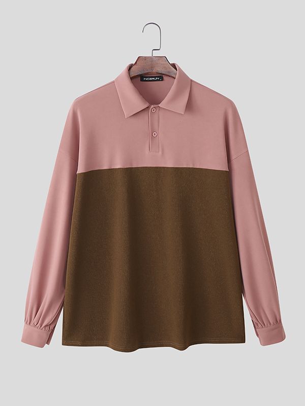 Men's Contrast Color Turn Down Collar Long Sleeve Shirt SKUL42666