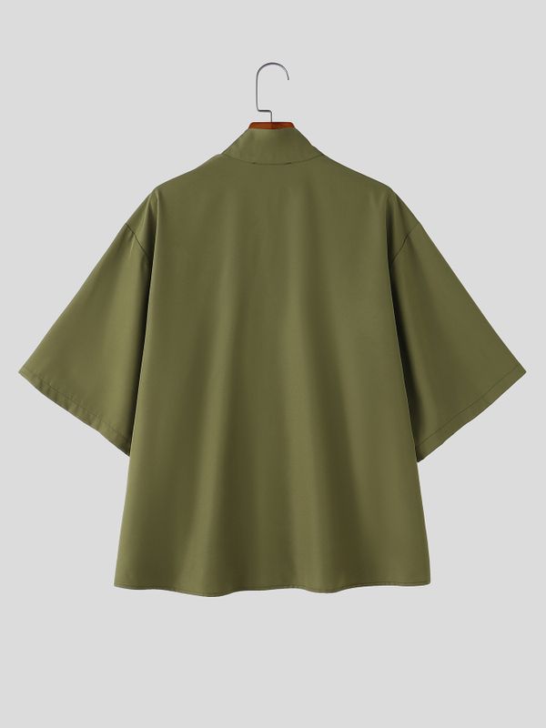 Men's Vintage Modern Chinese Mesh Patchwork Mandarin Collar Short Sleeve Shirt SKUL71303