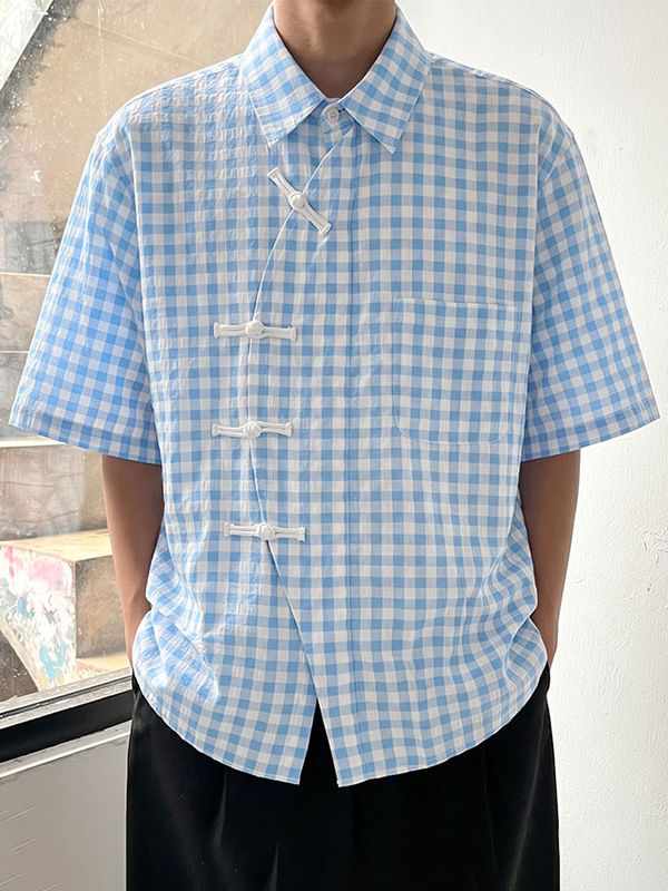 Men's Neo-Chinese Zen Gingham Plaid Frog-Button Shirt SKUL62082