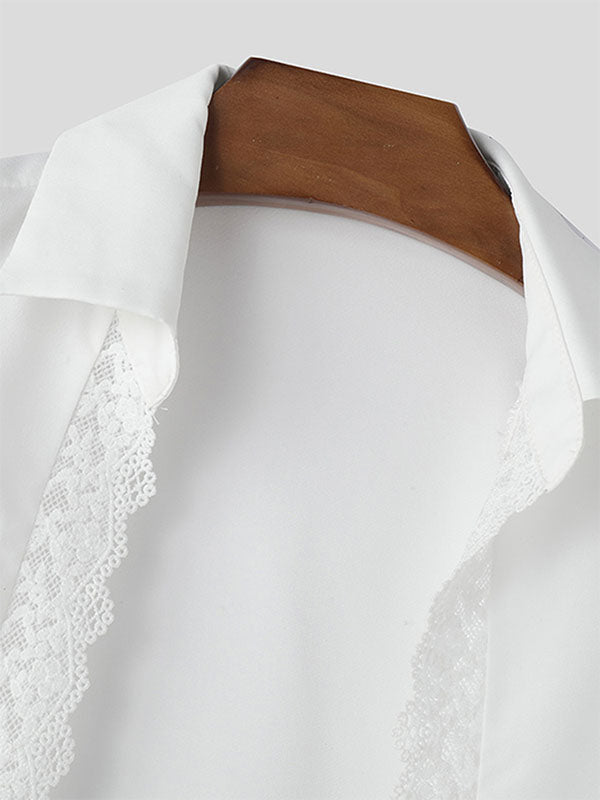 Mens Lace Patchwork Hollow-Out Long-Sleeve Shirt SKUK97045