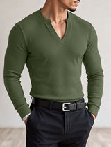 Men's Smart-Casual Ribbed Knit Deep Notch V-Neck Long Sleeve Shirt SKUL80470
