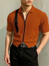 Men's Solid Color Textured Zipper Short Sleeve T-shirt SKUL46018