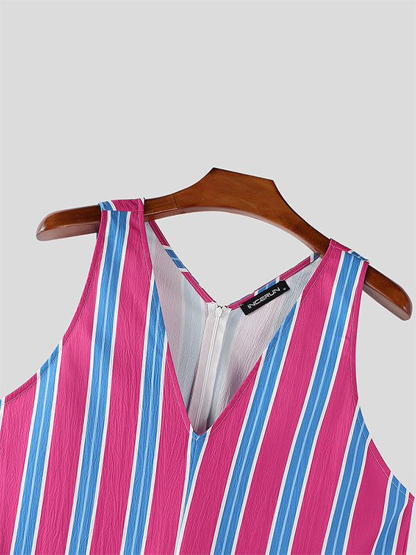 Men's Striped V-Neck Sleeveless Jumpsuit SKUL20936