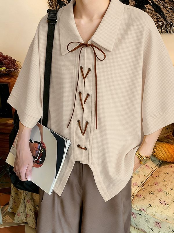 Men's Modern Relaxed Waffle Knit Lace-Up V-Neck Asymmetrical Hem Shirt SKUL59598