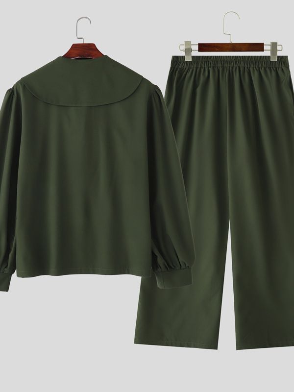 Men's Solid Navy Collar Casual Two Pieces Outfit SKUL33040