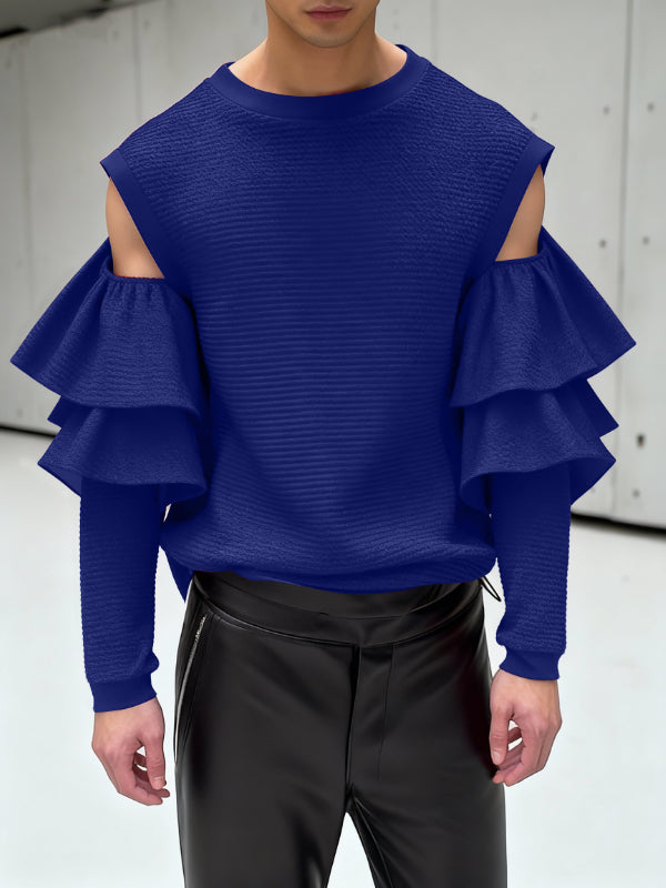 Men's Cutout Design Ruffle Long Sleeve T-shirt SKUL46571
