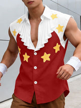 Men's Star Print Ruffled Jabot Sleeveless Shirt SKUL55309