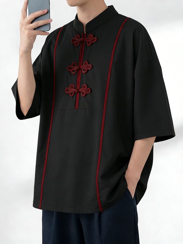 Men's Contrast Trim Frog Button Stand Collar Half Sleeve Shirt SKUL60611