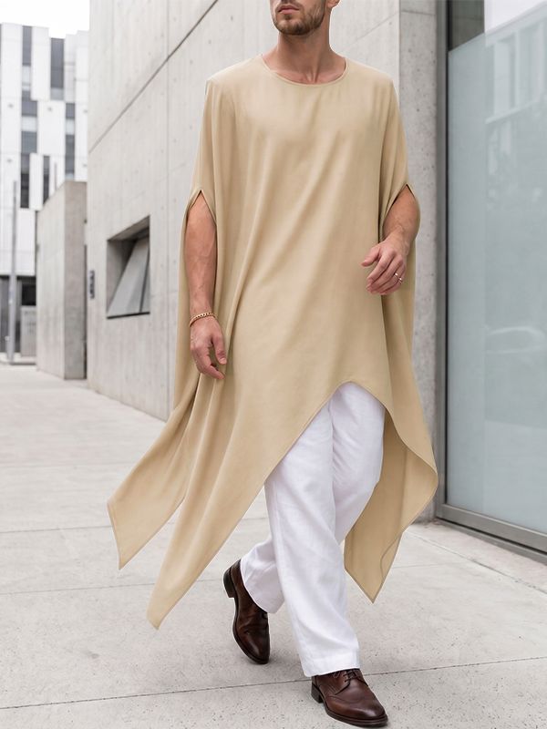 Men's High Street Loose Solid Asymmetrical Hem Long Poncho Tunic Cape SKUL76768