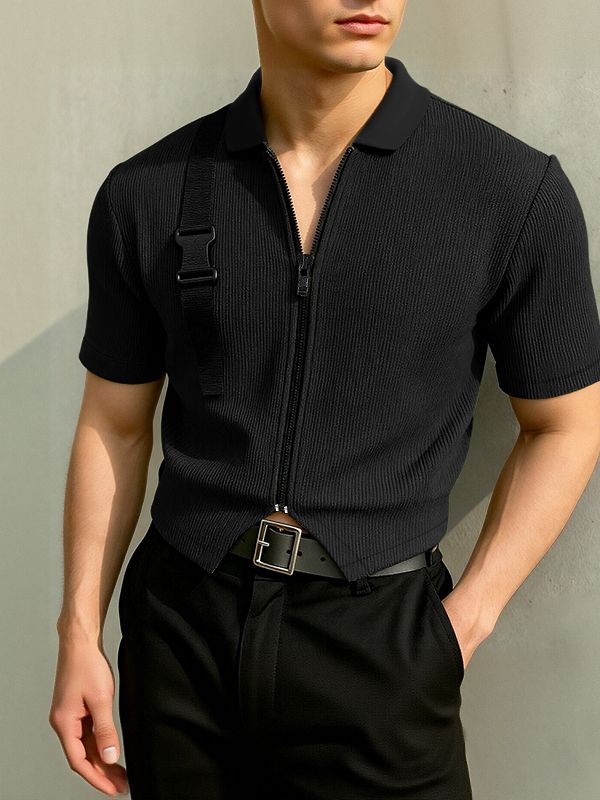 Men's Solid Color Textured Zipper Short Sleeve T-shirt SKUL46018