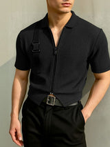 Men's Solid Color Textured Zipper Short Sleeve T-shirt SKUL46018