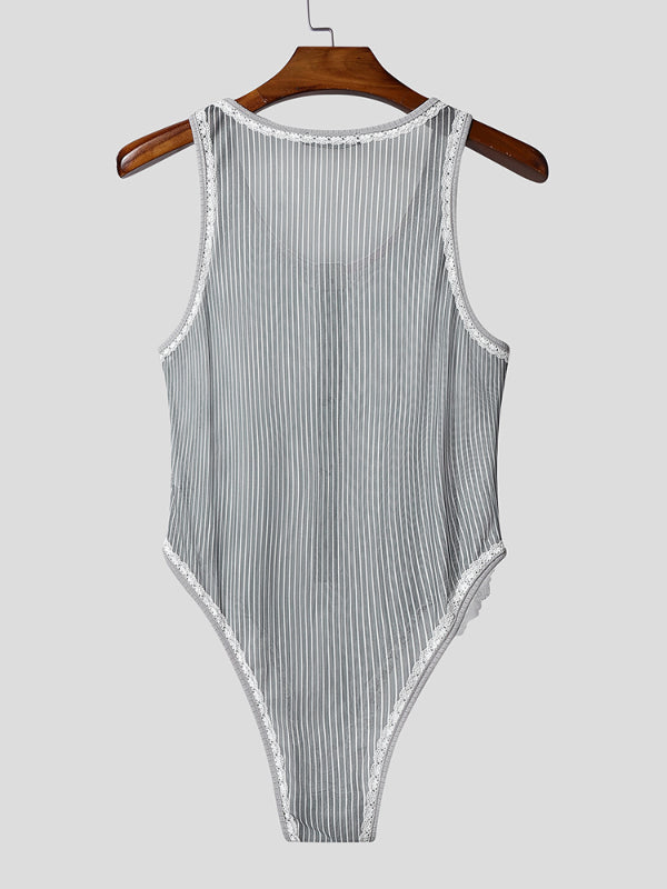 Mens Lace Patchwork Sheer Striped Bodysuit SKUL11594