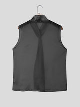 Men's Semi-Sheer Integrated Wide Tie Draped Neck Sleeveless Shirt SKUL57510
