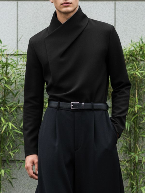 Men's Solid Color Asymmetric Placket Collar Long Sleeve Shirt SKUL50052